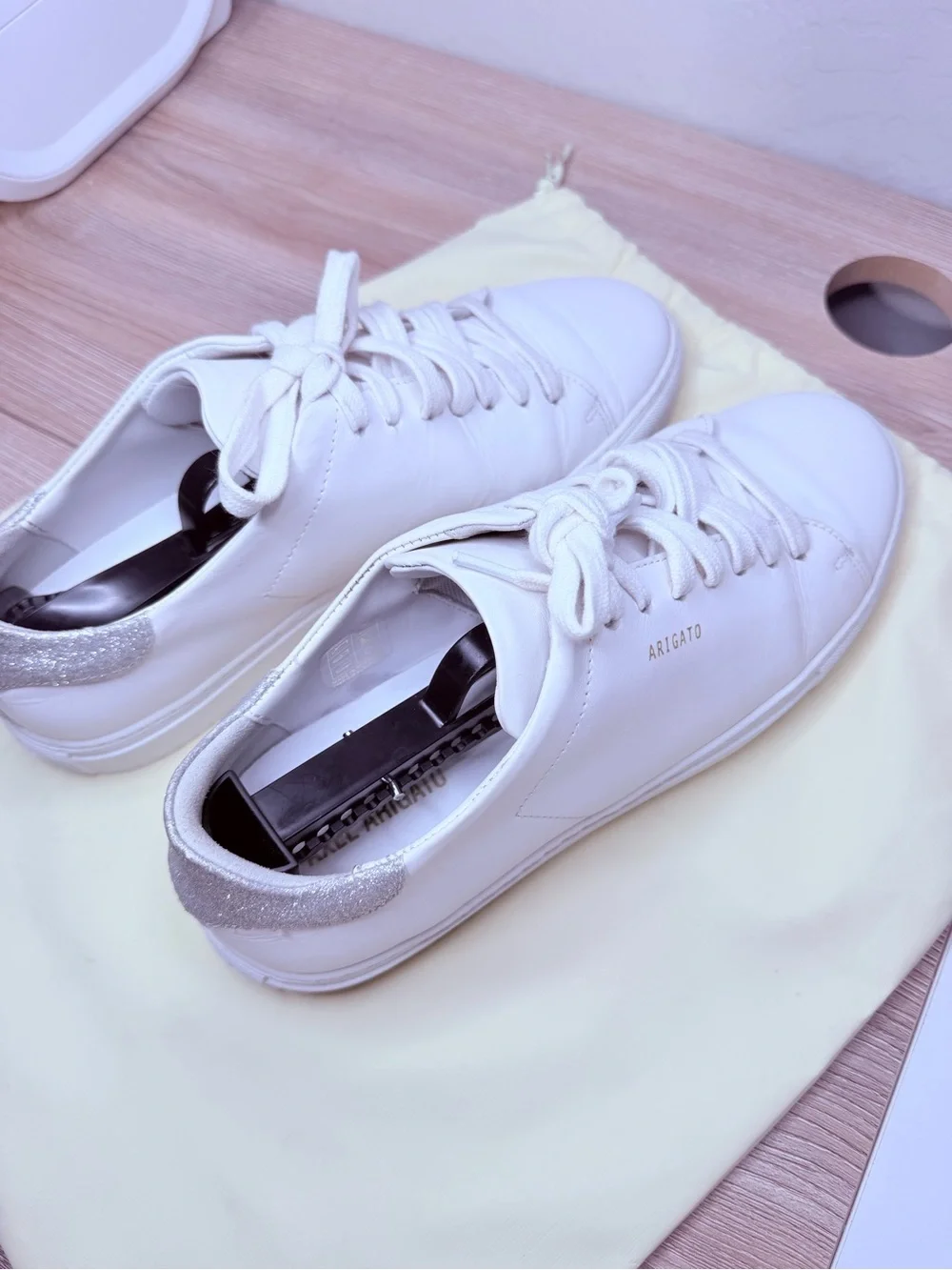 Axel Arigato Clean 90 White Leather Low-Top Sneakers Silver Glitter Women’s 10